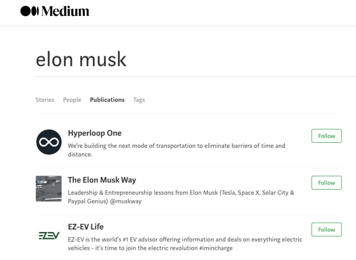 正版的 Medium 平台上，並沒有以 Elon Musk 為名的帳號