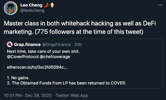Leo Cheng 則在推特上表示,這真是同步做白帽駭客跟 DeFi 行銷的經典案例。