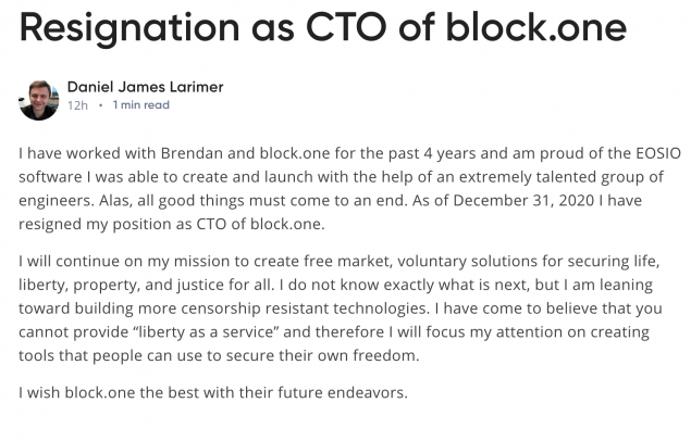 Daniel Larimer親證已辭任Block.one技術長一職