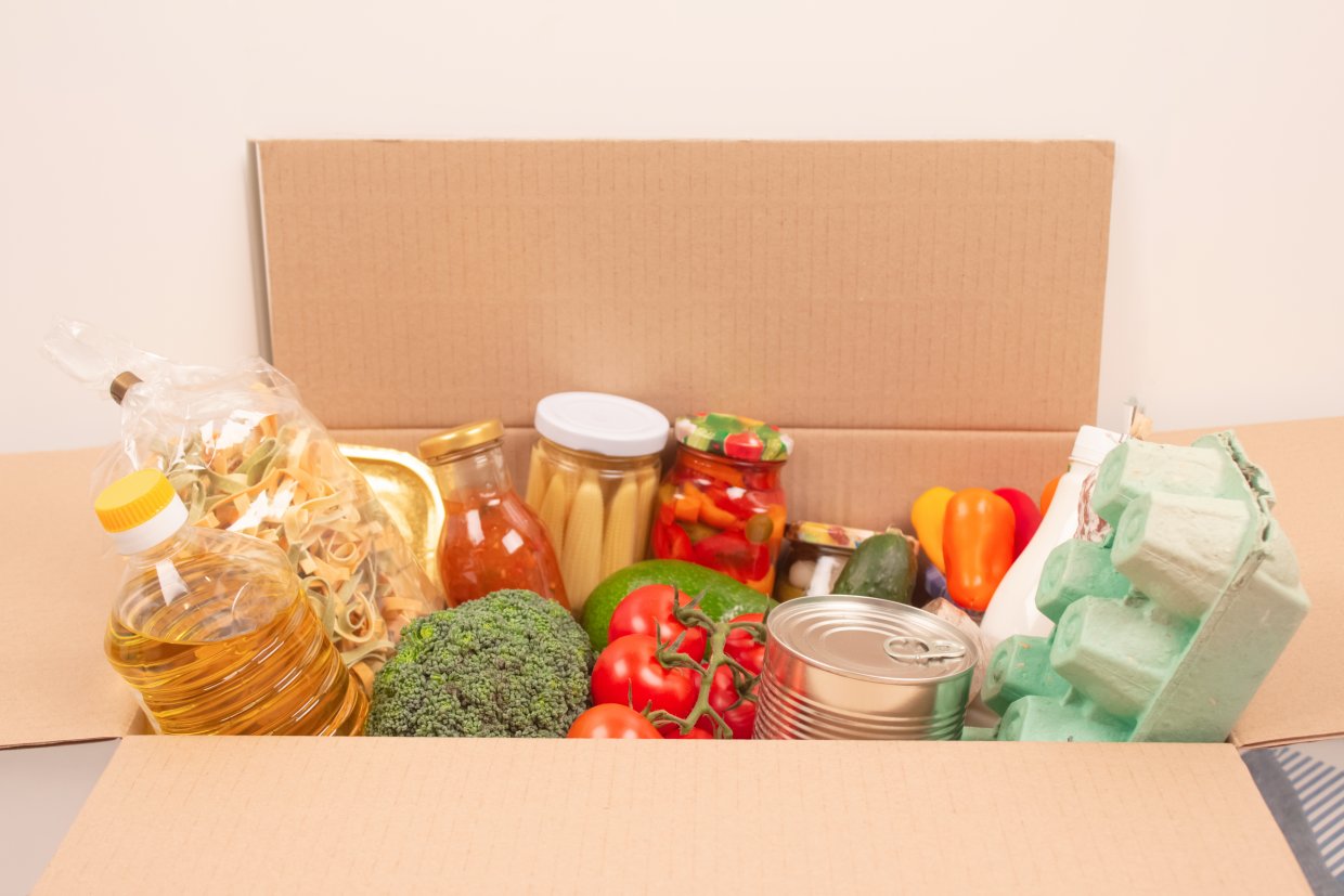 Donation,Box,With,Different,Groceries,,Food,Donations,On,Light,Background