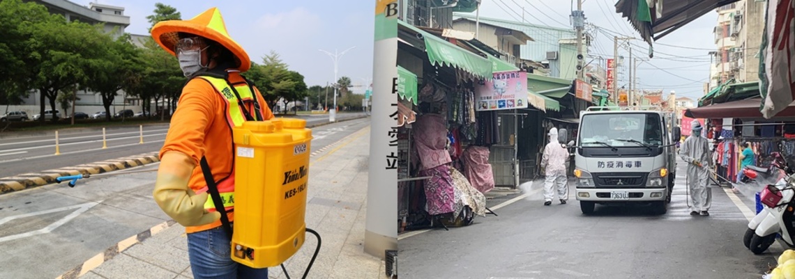 背著大約15~18公斤重的消毒設備無名防疫超人 嘉市防疫消毒大隊出勤／波新聞