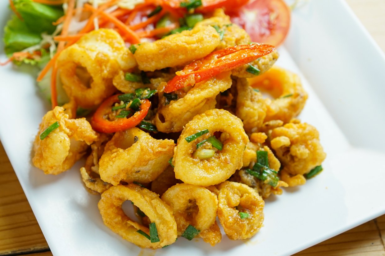 Fried,Squid,Salted,Duck,Eggs,Sauce,,Thai,Food