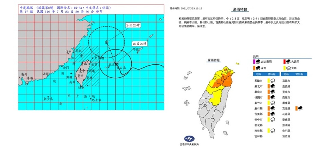 中颱烟花暴風圈籠罩東部海岸 今晚至明北台灣有豪雨及大雨