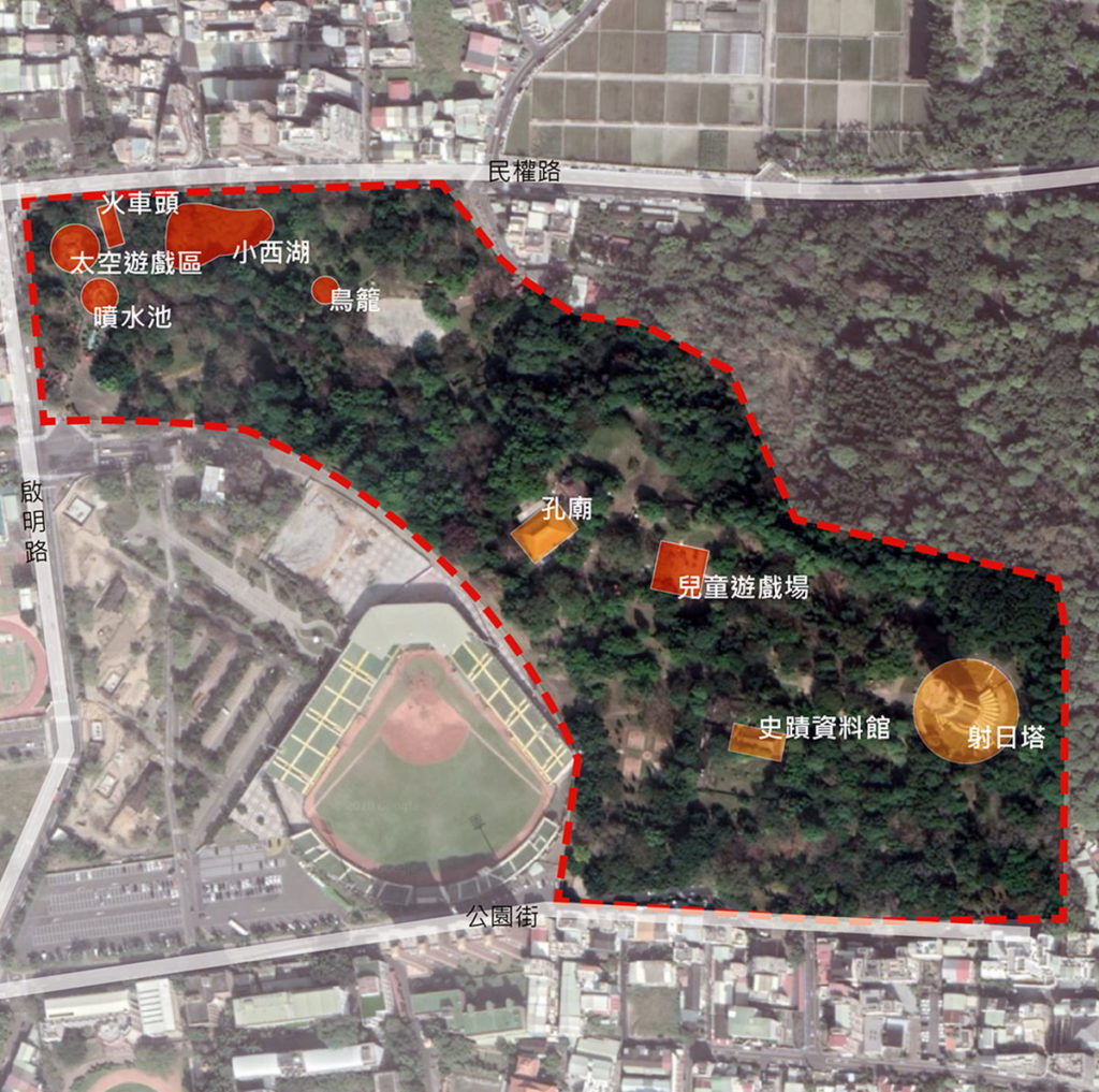 工區一為嘉義公園西北側區域,近民權路側;工區二為孔廟後側遊戲場