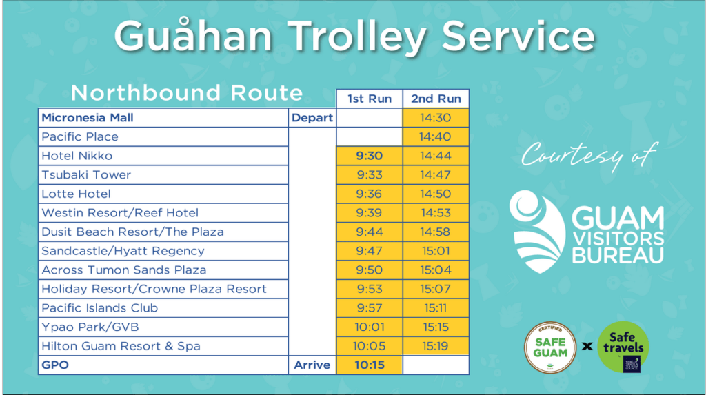 關島免費電車北向路徑時刻表(0730-0830)