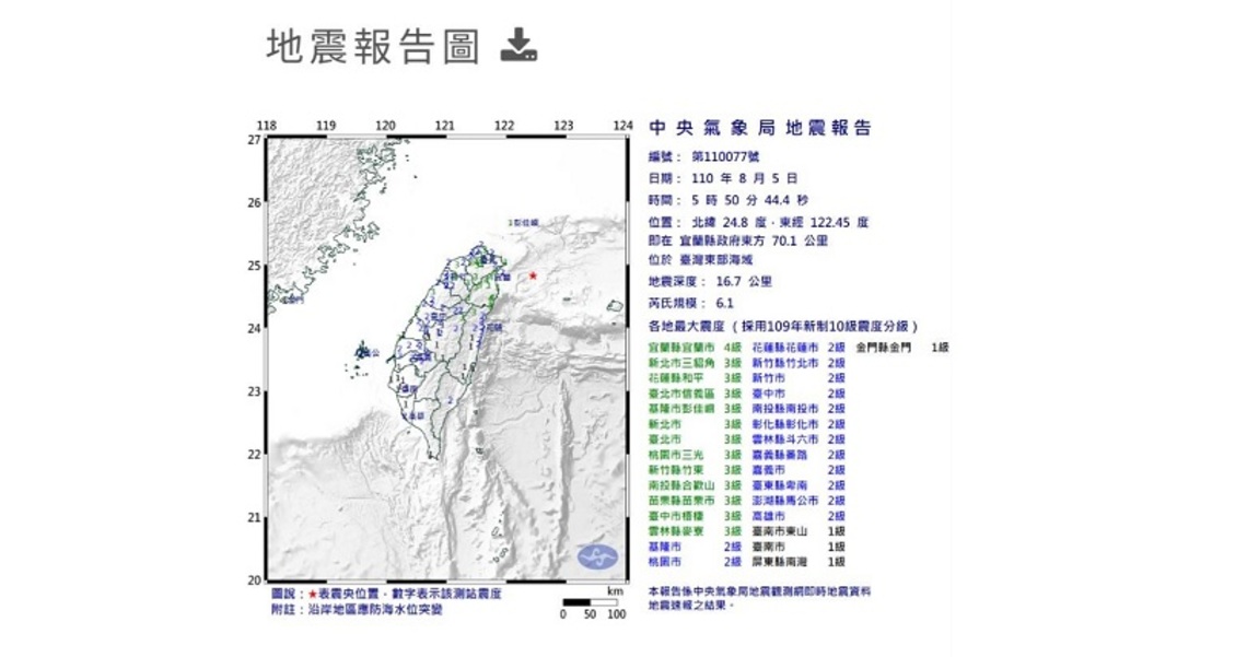 宜蘭東部海域0550發生6.1顯著有感地震   宜蘭4級