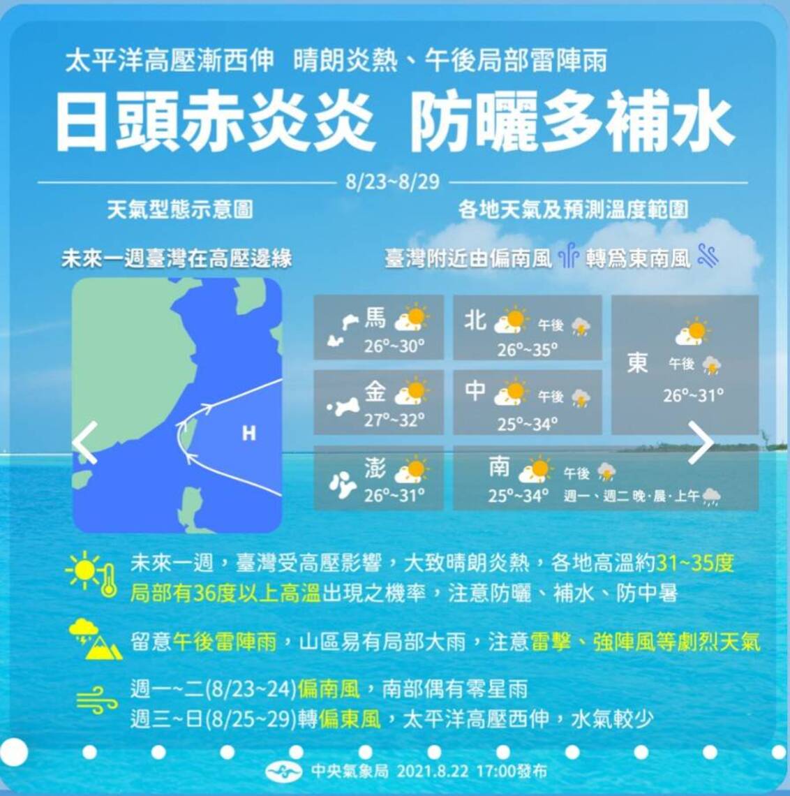 本週天氣 晴朗 炎熱 午後雷陣雨