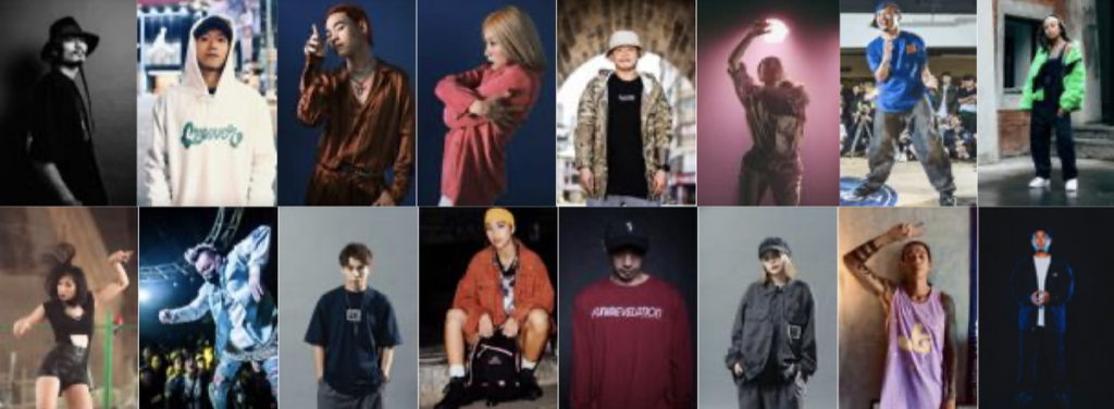 上圖、由左至右:ARTSHOW, BEIGOW, Bogie, Chrissy Chou, JOY, JuAnn, KILA, Lil jiang下圖、由左至右:Maya Chou, Poppin’ Snow, Popping ED, Taco, Way, Ya-Chun, YaoBai, YIN