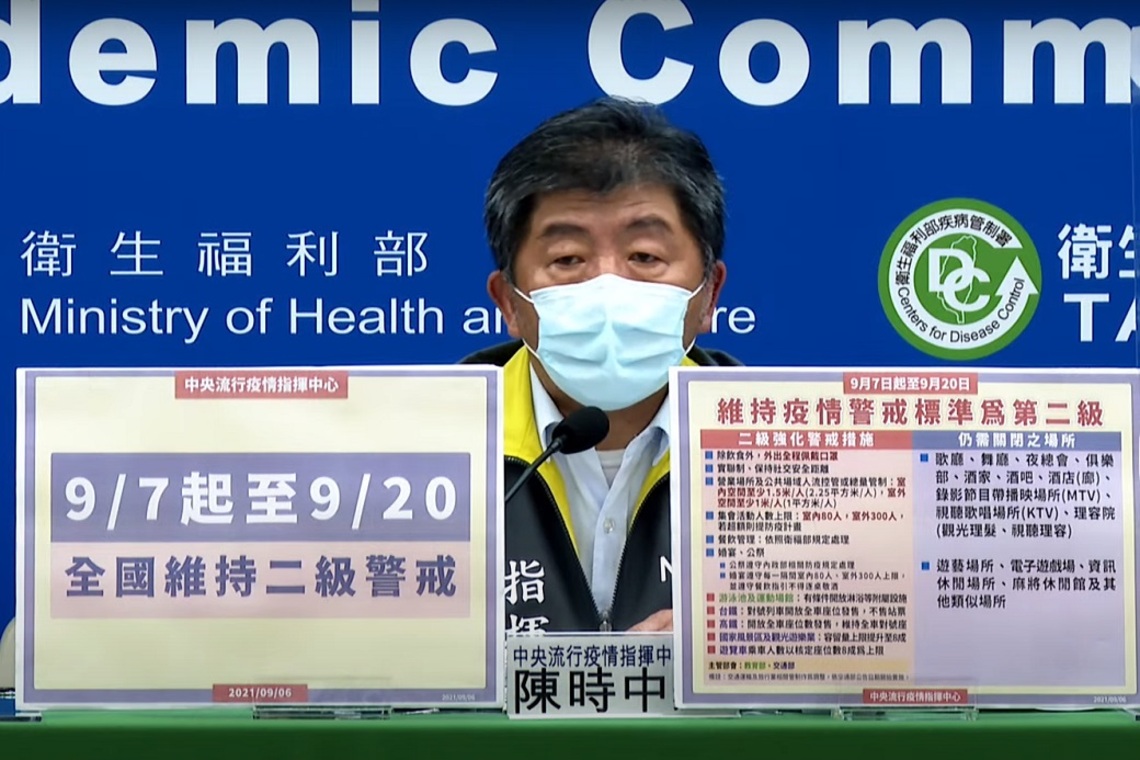指揮中心:9/7-20 全國維持二級警戒