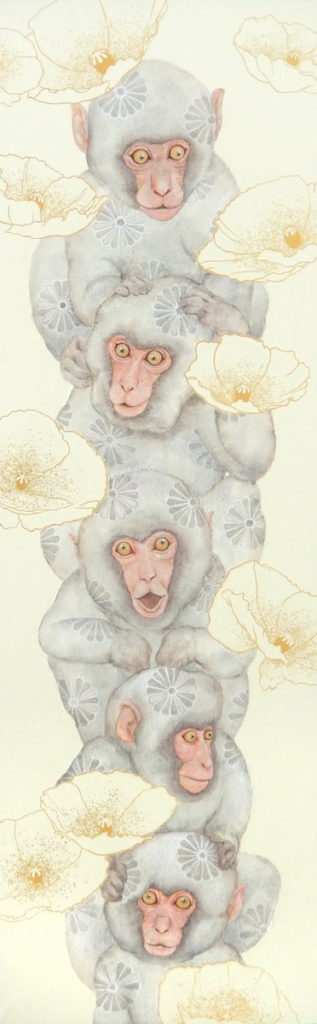 五重猿図_107.5×34㎝_鳥の子紙、落水紙、金箔、岩絵具、水干絵具_2021