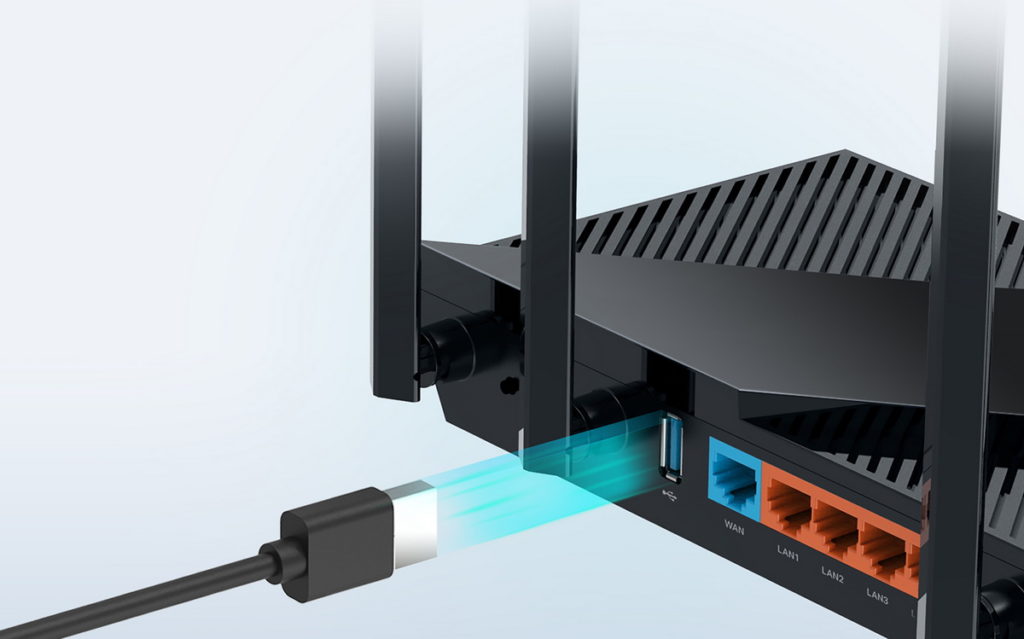 除了Giga WAN與4個Giga LAN之外,Archer AX55更配置了1個USB 3.0連接埠,擴充性十足!