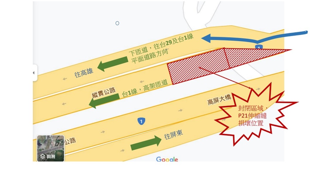 高屏大橋高架引道因伸縮縫損壞    今日上午緊急封閉、下午3時開放通車