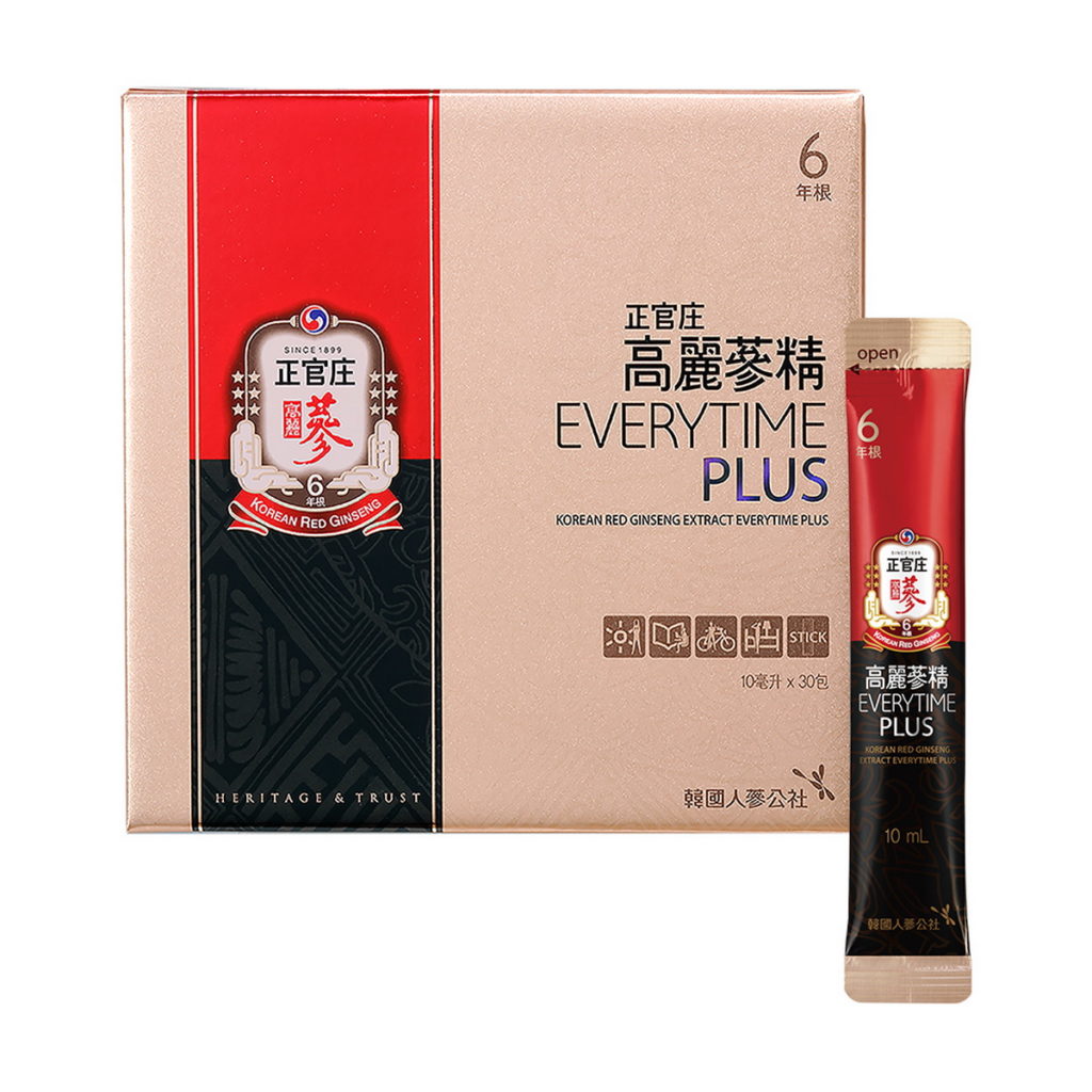 正官庄經典明星商品高麗蔘精EVERYTIME PLUS，三倍精純配方，加倍振興你的保護力，正官庄週年慶期間3盒特價NT$8,311(原價NT$9,900)。
