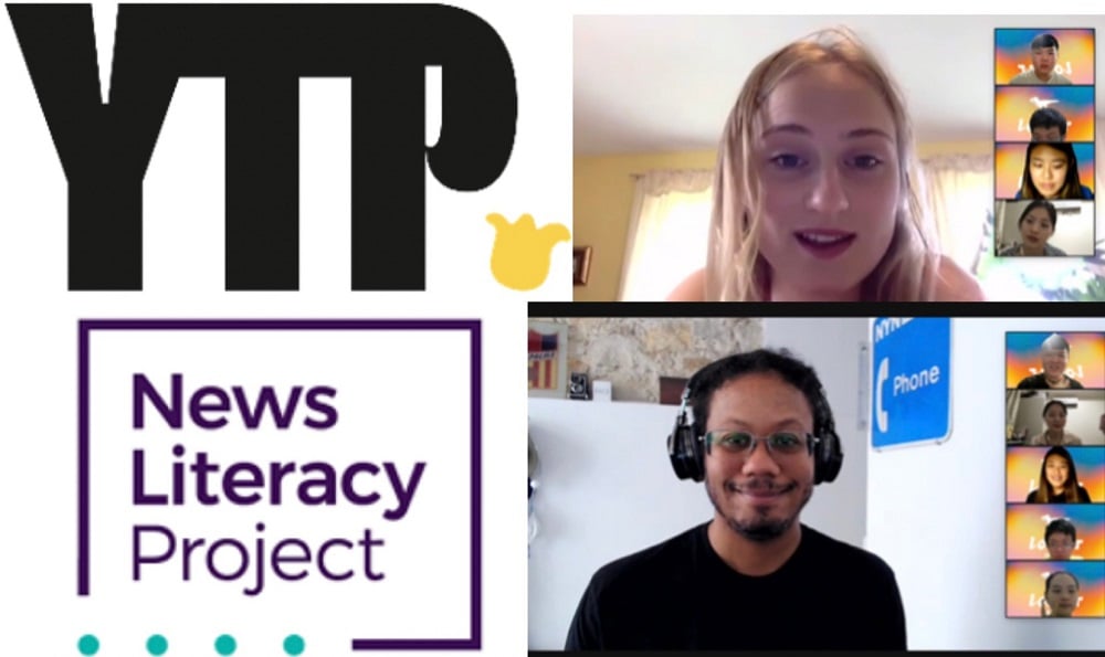 可能是 3 個人和顯示的文字是「 YTP News Literacy Project Phone 」的圖像
