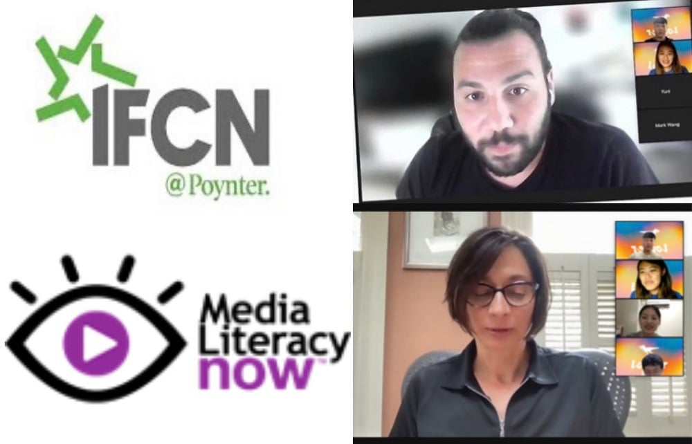 可能是 4 個人和顯示的文字是「 TFCN @Poynter. 尚 Media Literacy now 」的圖像