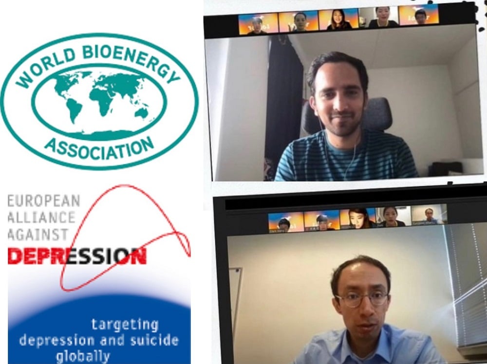 可能是 2 個人和顯示的文字是「 WORLD WORLD BIOENERGY ASSOCIATION EUROPEAN ALLIANCE AGAINST DEPRÉSSION targeting depression and suicide globally 」的圖像