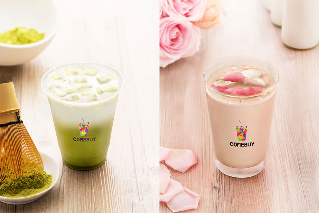 COMEBUY玫瑰普洱拿鐵&抹茶拿鐵