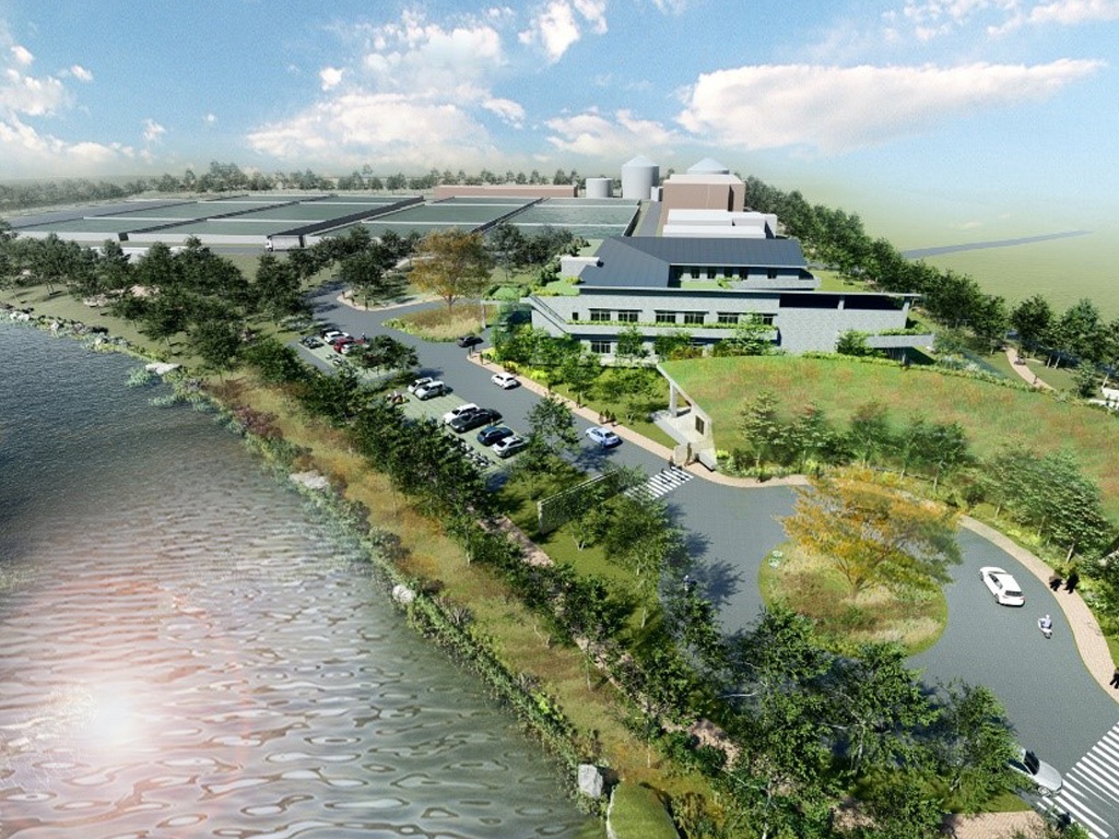 本案3D模擬示意圖。廠區結合周邊綠帶,活化水岸空間利用的設計,將成為一處集休憩、生態及環境教育的水資中心