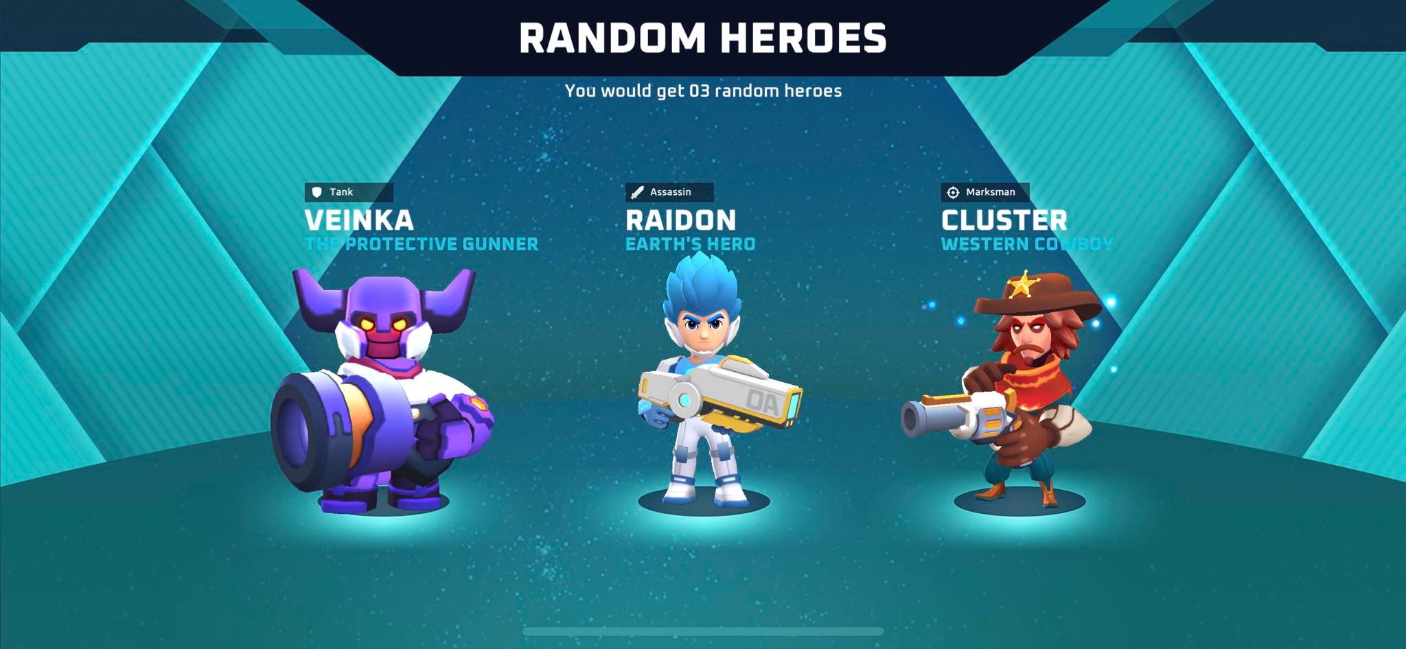 May be a cartoon of text that says 'RANDOM HEROES YOu would get 03 andom heroes VEINKA PROTECTIVE GUNNER Assessin RAIDON EARTH'SHEO HERO © Marksman CLUSTER WESTERN CO BOY'