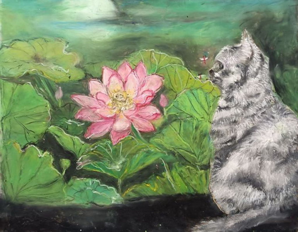 劉雅紛〈貓看蓮花 〉蠟筆版畫