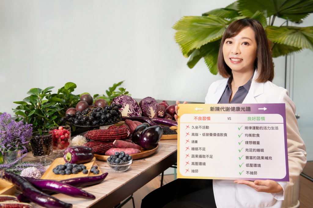 「新陳代謝健康光譜」7大要點綜合整理生活的良好習慣,民眾可以自我評估新陳代謝狀況,包含規律運動的活力生活、均衡飲食、理想體重、充足的睡眠、豐富的蔬果補充、低壓力環境、不抽菸,避免代謝不良所帶來的健康風險。