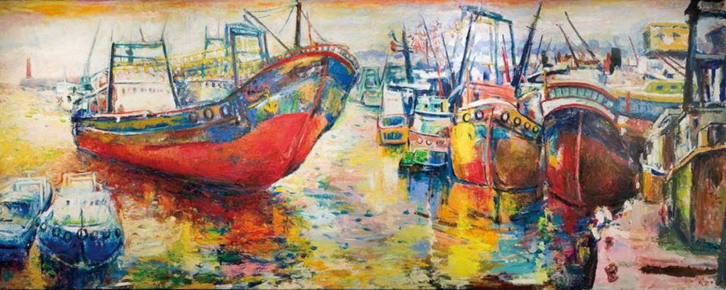 林顯宗《回饋─和平島大船入港》203x510cm 油彩、畫布 2012