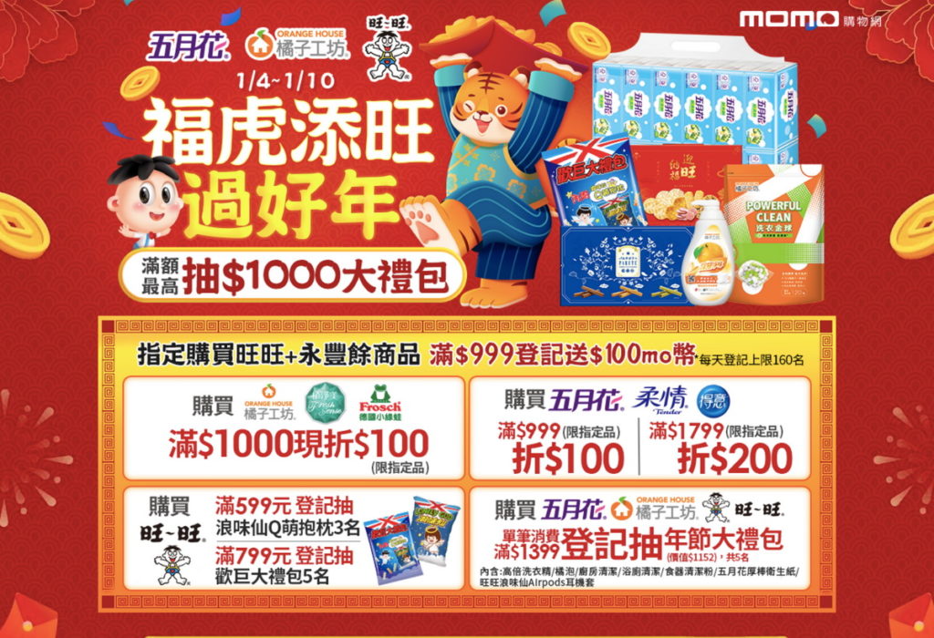旺旺與永豐餘消費品舉辦福虎添旺過好年,1/4至1/10在momo購物網開跑。