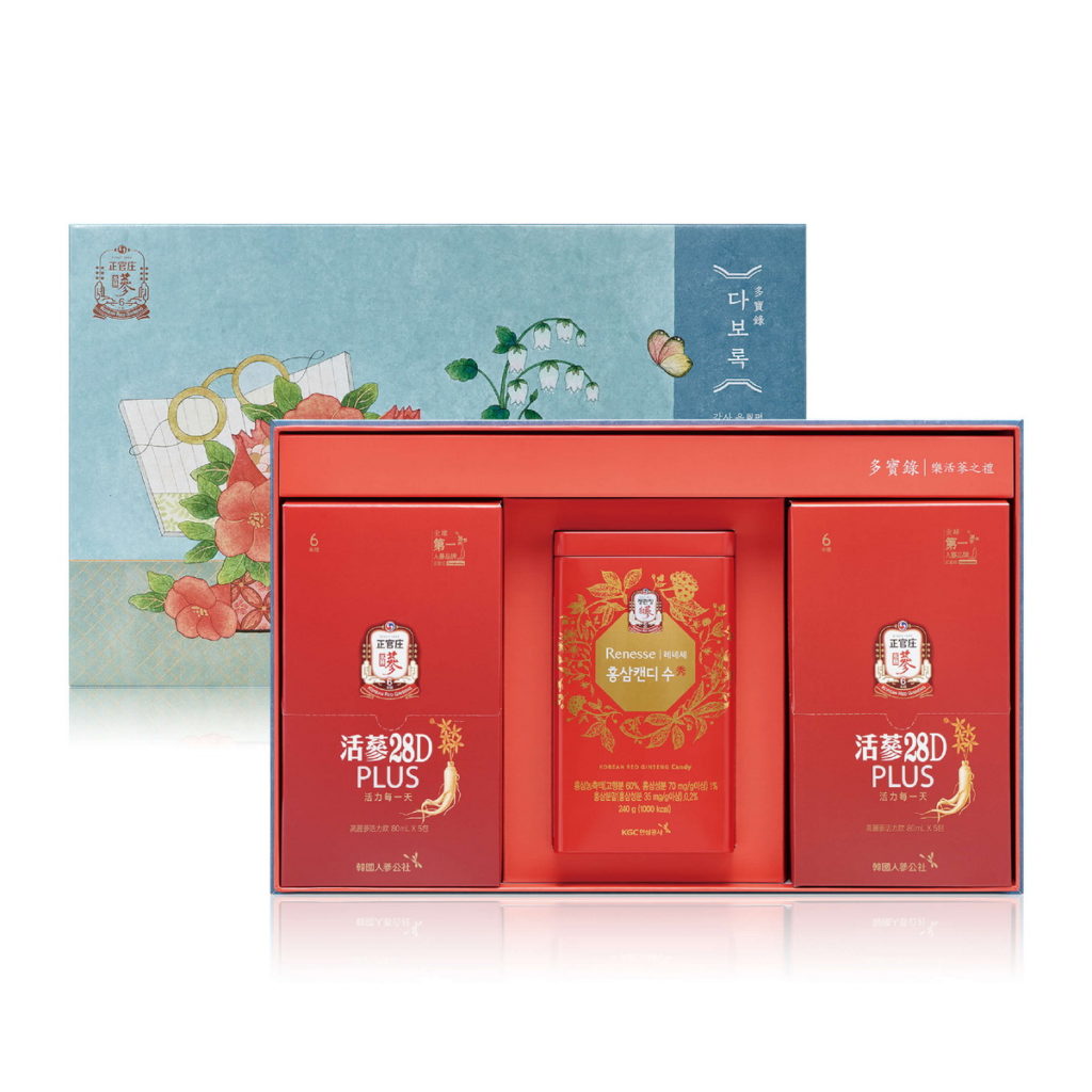 樂活蔘之禮內含即刻快充能量的28D PLUS 10入及高麗蔘糖240g，享樂活價NT$950。
