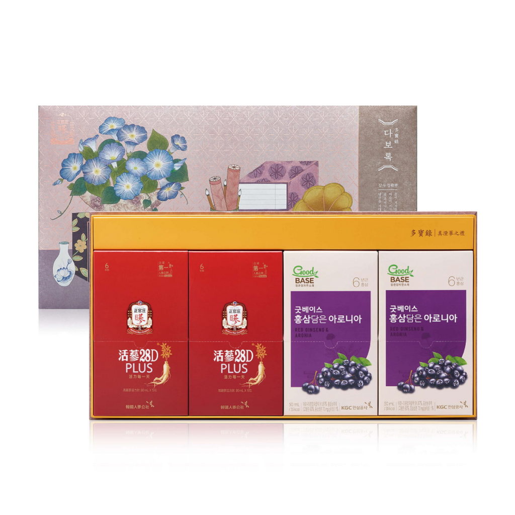 真澄蔘之禮內含28D PLUS 10入及高麗蔘野櫻莓飲10入，內調外養增強明亮力和保護力，特價NT$1,280。