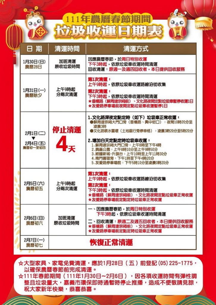 111年春節垃圾收運日期表