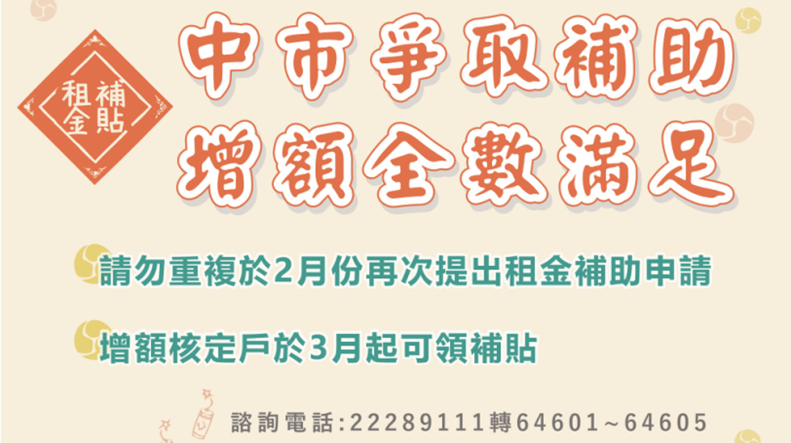 中市成功爭取租金補貼 增逾3千餘戶可領