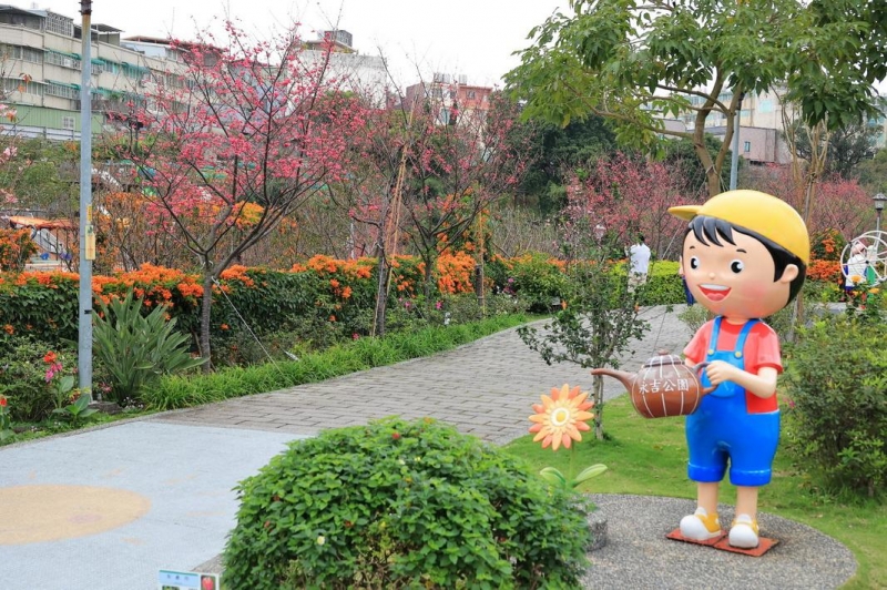 粉橙齊綻喜迎春 鶯歌永吉公園櫻花及炮仗花盛開
