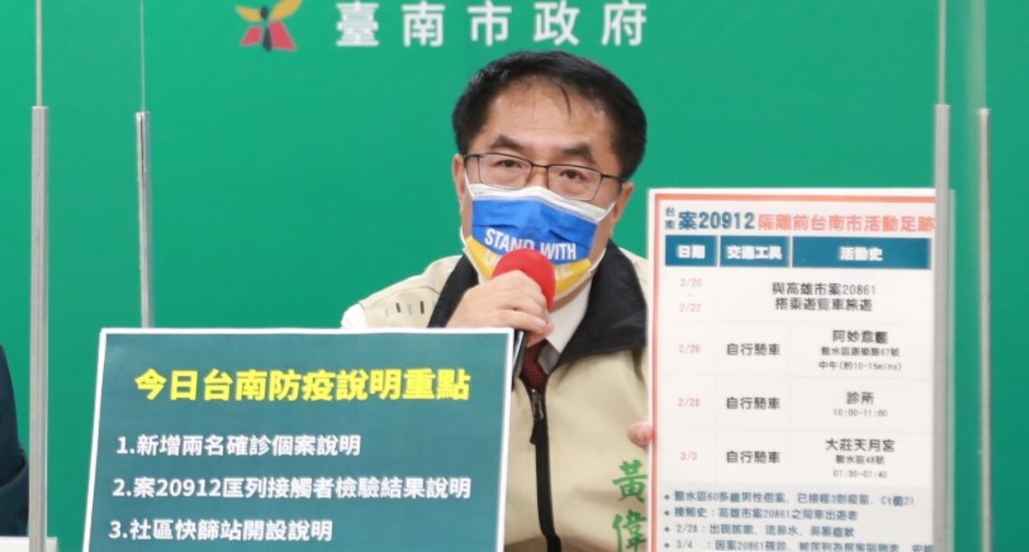 南市今增2名本土 黃偉哲籲防疫勿鬆懈 足跡重疊者務必做篩檢