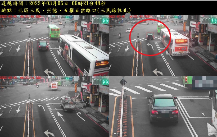 ▲直行車輛走左轉道超車,交通事故發生率大增,當然逃不過多功能科技執法設備的法眼 (圖/台中市警察局 提供)