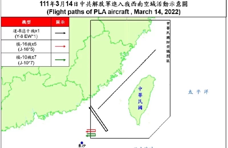 即時軍事動態資料,顯示幻象失事前夕及當天下午,共機有3種機型、13架次分別闖入台灣西南空域