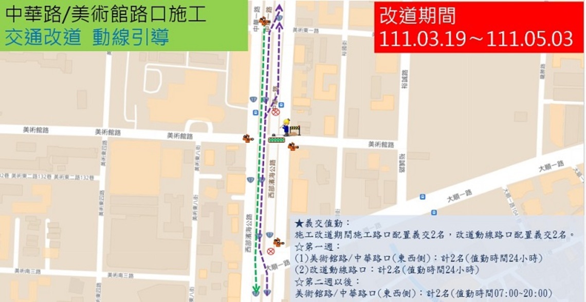 輕軌二階工程於美術館路與中華一路口施工 請用路人提前改道