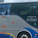 ▲遊覽車承載30餘名遊客前往泰安溫泉區，不幸遭落石擊中，車體右側車窗及車體右側多處受損 (圖/苗栗縣警察局 提供)