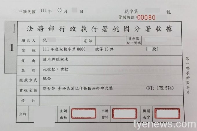 張男母親至桃園分署繳納積欠牌照稅、健保費及交通罰鍰示意圖