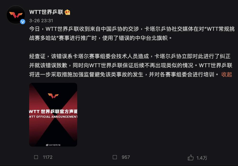 我桌球好手奪冠後因卡達桌協秀出我國旗遭中共抗議 外交部嚴正譴責 72 WTT世界乒聯道歉聲明。