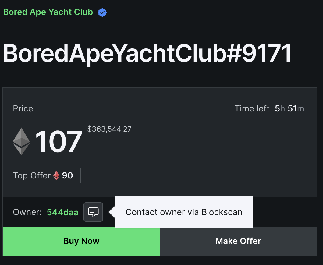 LooksRare採用Etherscan即時通訊平台Blockscan Chat，可直接與買家聯繫