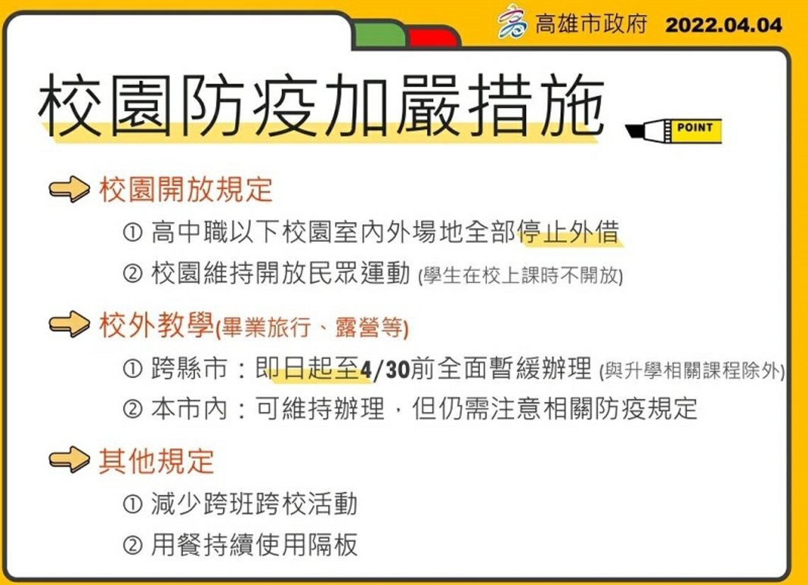 因應疫情    高雄市政府教育局發布連假校園防疫加嚴措施