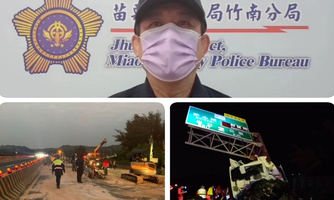 曳引車撞斷門架式指示桿阻通行 竹南警漏夜馳援排除及疏導車流近7小時