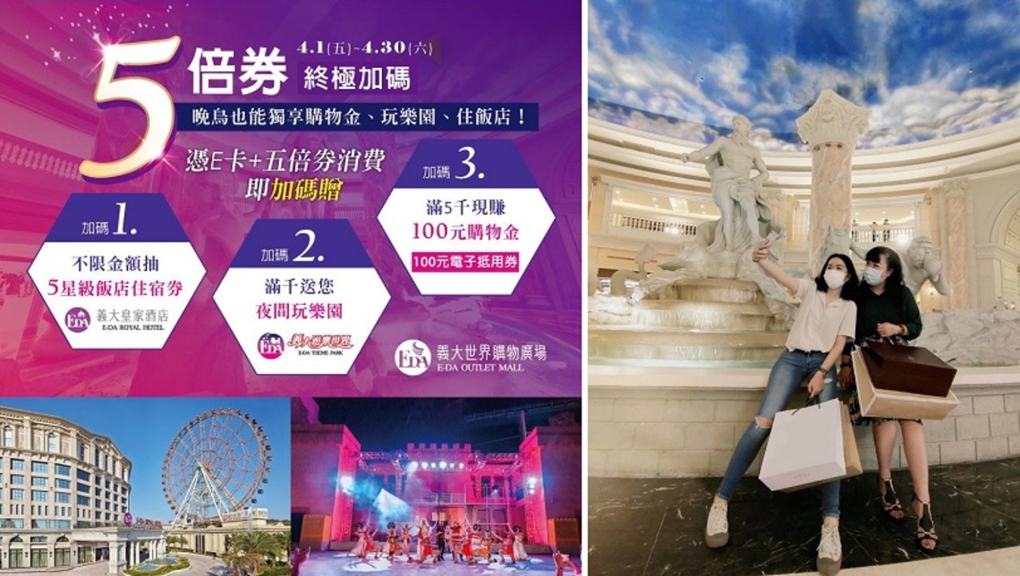 五倍券最狂加碼來義大Outlet最划算 5星住宿、樂園星光票、超值購物金
