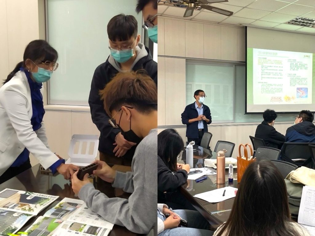 左圖:生生綠建材公司王靜巧總監,指導研究所學生產學合作事項;右圖:財團法人塑膠工業技術發展中心邱政文副總,指導大學部學生專題製作(圖/朝陽科大提供)