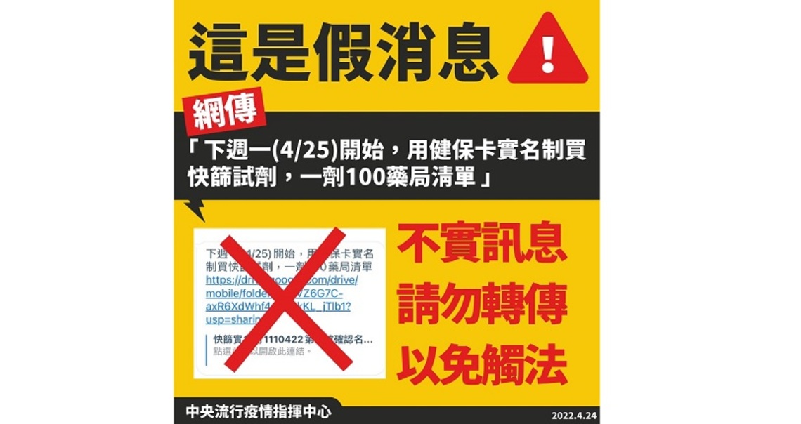網傳「下週一開始實名制買快篩試劑 一劑100藥局清單」為不正確訊息 勿轉傳!