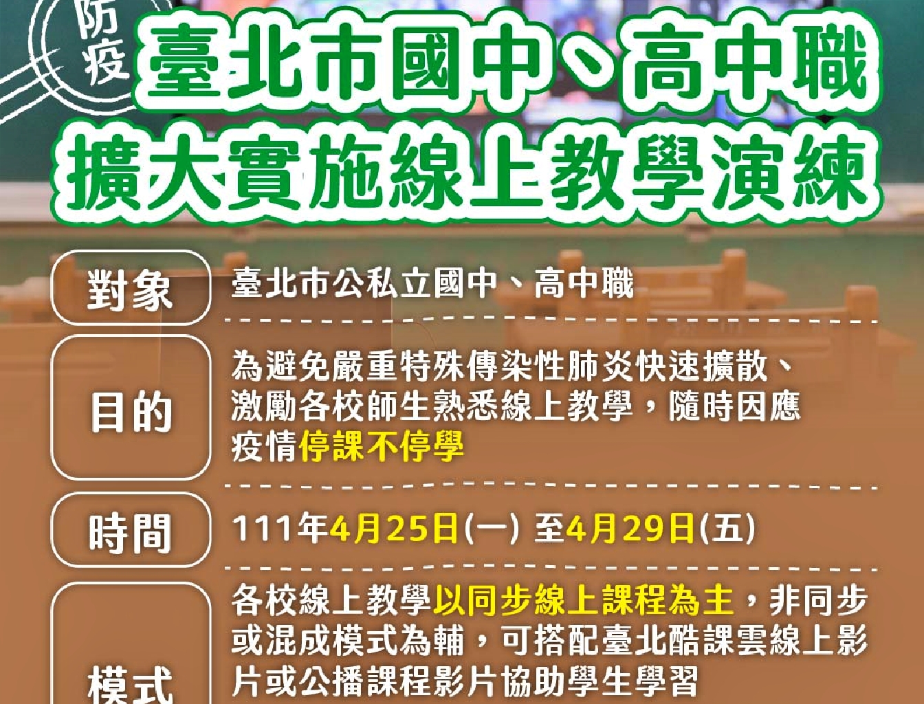 預防長期停課 北市周一啟動國高中職擴大遠距教學演練 64 預防長期停課 北市周一啟動國高中職擴大遠距教學演練
