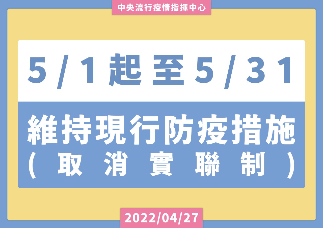 即日起取消實聯制 現行戴口罩等防疫措施維持至5月31日