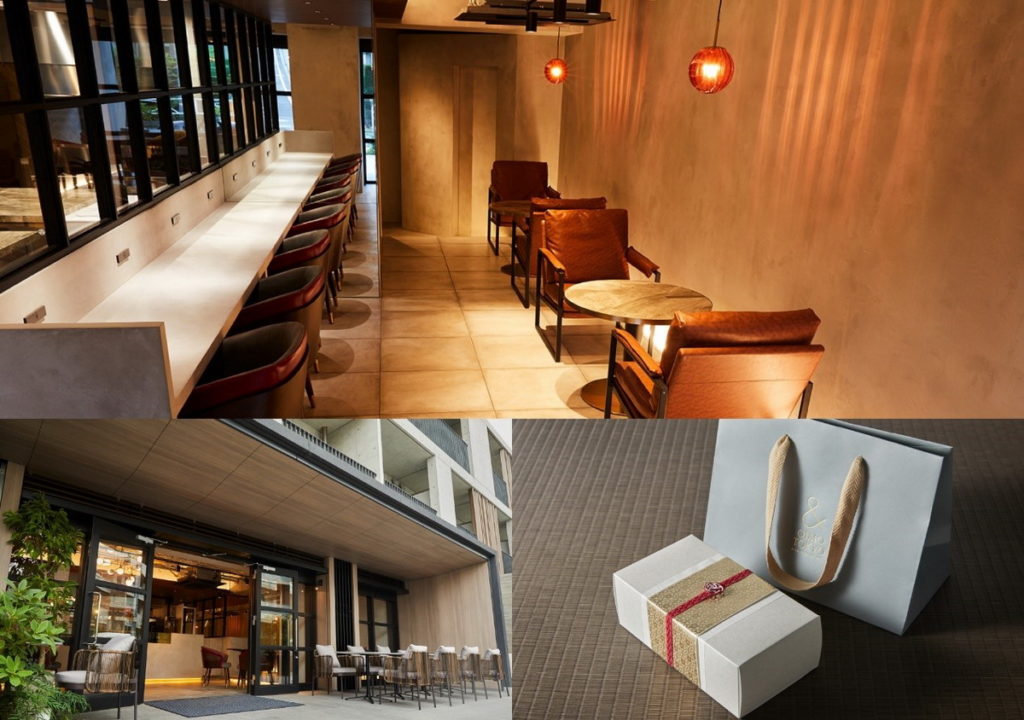 「& OIMO TOKYO CAFÉ」中目黑店簡約的店內陳設與雅緻外觀(上、左下),精美時尚的外帶禮盒包裝也很吸睛(右下)。(圖片來源:© & OIMO TOKYO)