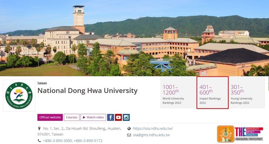 2022年泰晤士世界大學影響力排名 東華大學名列臺灣第十四