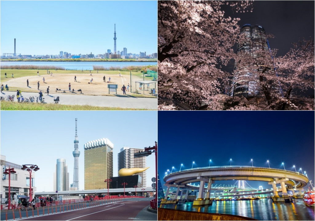 左上:荒川河畔、右上:六本木Hills夜櫻景色、左下:淺草街景、右下:東京灣彩虹大橋夜景,這幾個精華景點自行車之旅都不容錯過。 (圖片來源:ⒸTCVB)